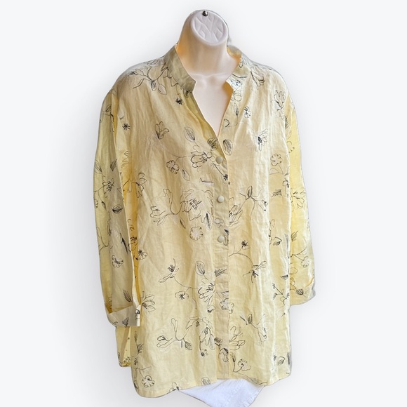 Tweeds Linen Pale Yellow Blouse With Black & White Floral Embroidery ~ 1X - Picture 14 of 15